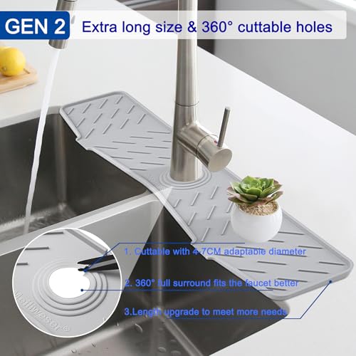 Faucet Mat for Kitchen Sink – 24” x 5.1” Extra-Long Silicone Splash Guard with 10° Slope & Upgraded Drainage – Gen 3 Sink Water Catcher & Sponge Holder for Kitchen, Bathroom (Gray) - color: Gray, size: 24 in