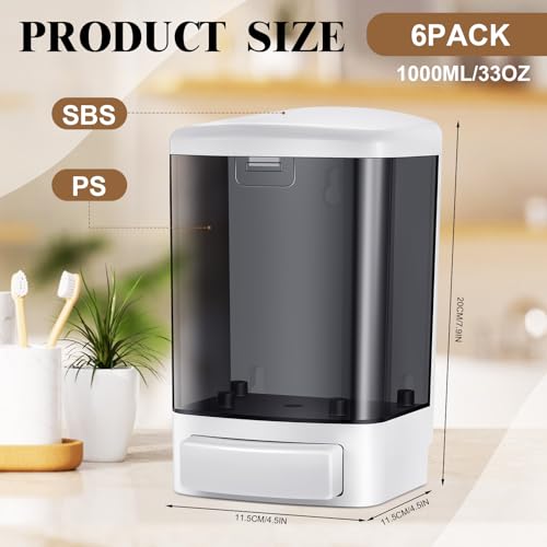 Hushee 6 Pcs Plastic Wall Mounted Soap Dispenser Commercial Manual Soap Dispenser Containers for Kitchen Shower Hotel(Black,33.8 oz 1000 ml) - color: Black, size: 33.8 oz 1000 ml