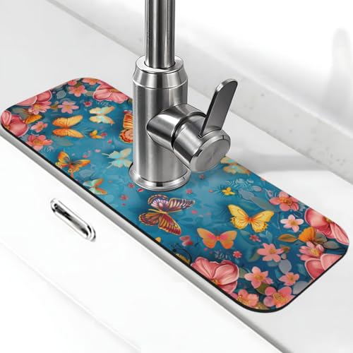 Kitchen Sink Splash Guard Faucet Mat, Butterflies Yellow Flowers Diatom Mud Absorbent Draining Mat For Kitchen Sink Bathroom - color: Butterflies Yellow Flowers, size: One Size