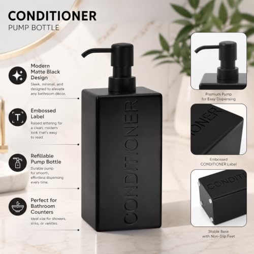 Rectangular Resin Dispenser Premium Bathroom Shampoo Conditioner Body Wash Bottle Modern Refillable Pump Design - color: Black