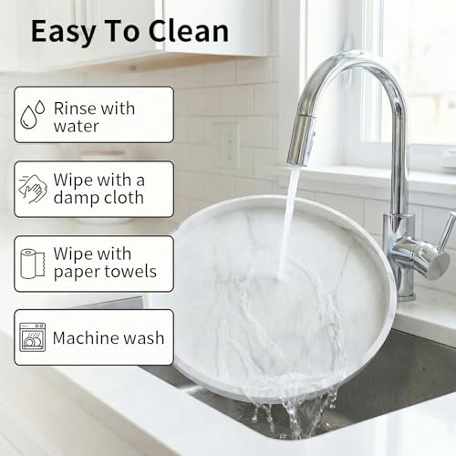 Round Tray Silicone Green, 10.6 Inch Bathroom Tray Countertop Decor, Vanity Trays for Bathroom Organizers, Waterproof Bathroom Tray for Counter, Decorative Coffee Table Tray - color: Marble White, size: 10.6"