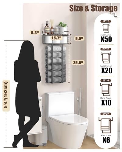 Large Towel Rack & Bathroom Towel Holder - Wall Mounted Metal Rack with Wooden Floating Shelf, Small Bathroom Towel Storage, Easy Holds 6 Large Rolled Towels, Black with Brown Plank - color: Black With Brown Plank