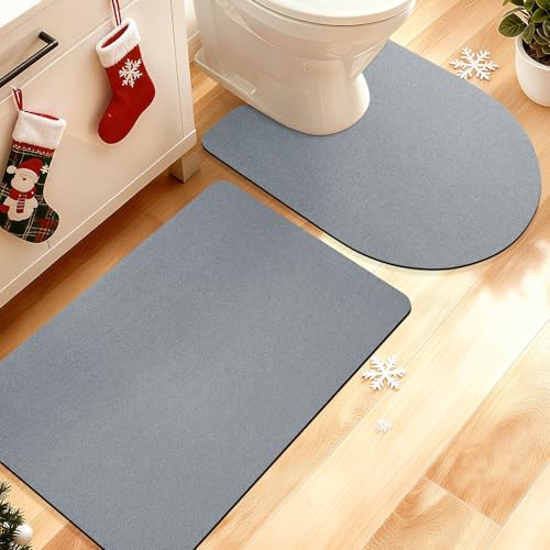 ACCUMTEK Non Slip Bath Mat, Thin Bathroom Rugs Fit Under Door, Quick Dry Bath Mats, Machine Washable Bath Rugs for Bathroom, Bathtub & Kitchen, Bathtub & Kitchen, Grey/Solid/2 Piece - color: Grey, size: 24"x17"+ 24"x20" Contour Rug