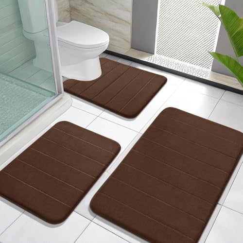 Yimobra Memory Foam Bath Mat Set 3 Pieces- Super Soft Absorbent Quick Dry Bathroom Rug Sets, Machine Washable Non Slip Floor Carpet for Tub Shower, Vanity & Toilet Base, Brown - color: Brown, size: 31.5''x20'' +17''x24'' + 24''x20''
