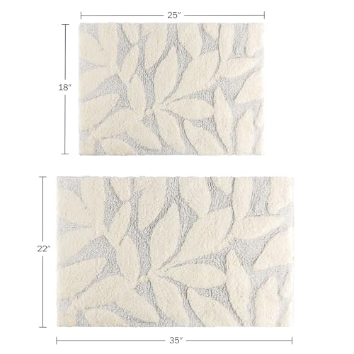 2 Piece Bathroom Rug Set - 35x22 Inch and 25x18 Inch 100% Cotton Bath Mats with Textured Botanical Leaf Print for Boho Bathroom Decor - Bath Rugs Non Slip Washable Bathmats by Lavish Home (Grey) - color: Grey