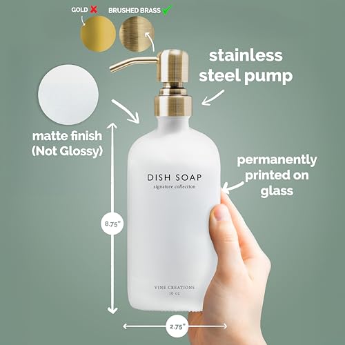 Vine Creations White Glass Soap Dispenser Set, Dish Soap and Hand Soap Dispenser Set with Stainless Steel Pump, 16 oz Glass Dispensers for Kitchen or Bathroom Decor (Matte White Bottle/Brushed Brass) - color: White Bottle / Brushed Brass Pump