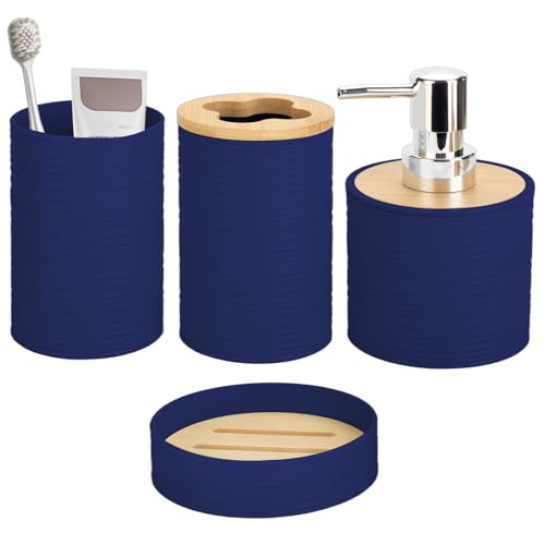 4 Pieces Bamboo Bathroom Accessories Set, Bathroom Accessory Set with Soap Dispenser and Toothbrush Holder, Soap Dish and Toothbrush Cup, Boho Bathroom Décor(Navy Blue) - color: Navyblue