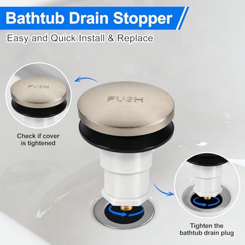 1 Pack 1068204 Bathtub Drain Stopper Replacement and Cover Compatible with Kohler Bathtub K-7272 K-7271 K-7259 K-7265, Bathroom Pop Up Tub Drain Stopper with 3/8'' Thread Studs (Brushed Nickel Cover) - color: Brushed Nickel Cover
