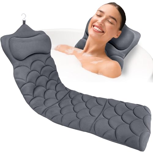 REEZEIVI Full Body Bath Pillow,Thick Bathtub Cushion with Laundry Bag,Bath Pillow with 13 Non-Slip Suction Cups,Soft 3D Mesh Fabric,Bathtub Cushion for Headrest Neck and Back Support (Gray) - color: Gray