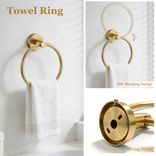 5-Pieces Wall Mount Bathroom Accessories Bathroom Hardware Set,22 Inch Stainless Steel Waterproof Towel Bars,Toilet Paper Holder with Shelf,Towel Ring,Coat Hook (Brushed Gold 5PC - Round) - color: Brushed Gold 5pc - Round