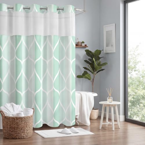 Yiatn Light Green No Hook Hotel Collection Shower Curtain - Hotel Style with See Through Mesh Top Window, Modern Geometric Waterdrop Design,Waterproof and Washable,- 71x74 INCH - color: Light Green, size: 71"W x 74"L (Pack of 1)