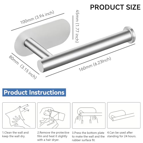 2 Packs Toilet Paper Holder No-Drill Self-Adhesive Towel Rack Stainless Steel Waterproof Rustproof Roll Paper Holder for Bathroom Washroom RVs (Brushed Silver) - color: Silver