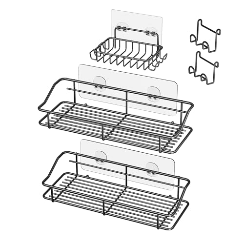 Nieifi Shower Caddy Shelf with Hooks Storage Rack Organizer Adhesive Stainless Steel without Drilling for Bathroom, Lavatory, Washroom, Restroom, Shower, Toilet, Kitchen (Black, 3 Pack) - color: Black, size: 3 Pack