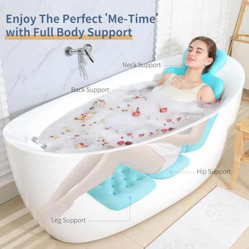 Luxury Bath Cushion, Full Body Bathtub Pillow with 160 Suction Cups, Bath Mat for Head and Neck Support, with Laundry Bag (Blue, 56" x 16") - color: Blue, size: 56" X 16"