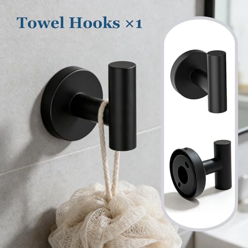 4-Pieces Wall Mount Bathroom Accessories Bathroom Hardware Set,23.6 Inch Stainless Steel Waterproof Towel Bars,Toilet Paper Holder with Shelf,Towel Ring,Coat Hook,Matte Black - color: Matte Black 4pc - Round