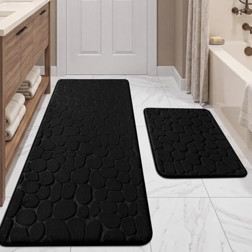 YIHOUSE Bathroom Rugs Mat Set, Memory Foam Bath Mat 2 Piece Black | 17x24&20x46, Non Slip, Water Absorbent, Washable, Bath Mat For Bathroom, Sink and Toilet - color: Black, size: 3'10" x 1'8" (Rectangular)