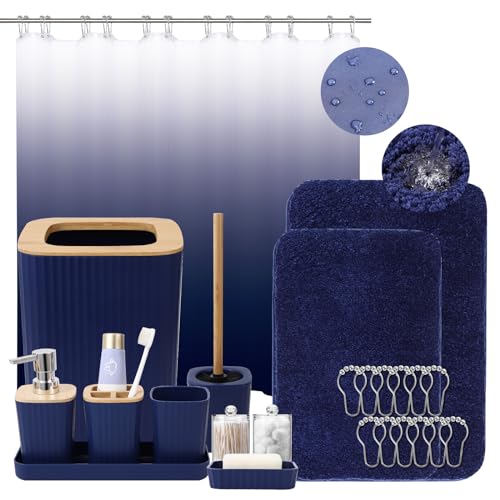 XLHOMO Bathroom Accessory Set–Bathroom Sets with Shower Curtain and Rugs, No Slip Bathroom Rugs Super Absorbent, Blue Ombre Water-Proof Shower Curtain with Hooks, Blue Bathroom Sets Complete for Home - color: Hollow Blue, size: Bathroom Set+Shower Curtain