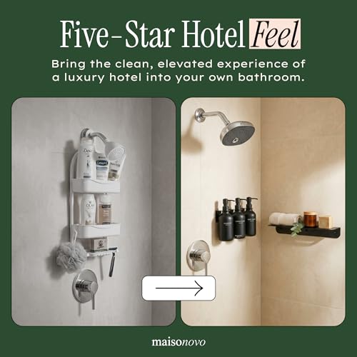 Shampoo and Conditioner Dispenser Wall Mounted Set of 3 Black - No Drill Shower Soap Dispenser for Bathroom Refillable - Spa Hotel Style Accessories by MaisoNovo | 500 ml Shower Gel Dispenser Set of 3. Refillable Shampoo and Conditioner Bottles. Drill Fre