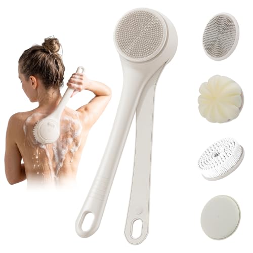 Electric Body Brush Back Scrubber for Shower, Waterproof Long Dual Handle Power Body Scrubber with 4 Heads, Bath Brush & 2 Speeds, for Deep Cleansing, Exfoliating and Massaging Skin (Beige) - color: Beige
