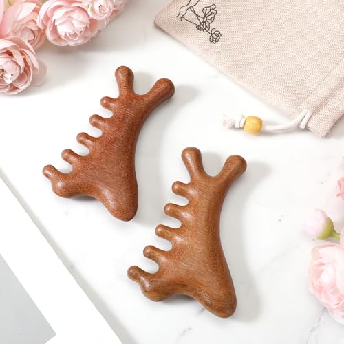 2 Pcs Wooden Scalp Massager Comb Sandalwood Scalp Massager Handmade for Gua Sha Head Legs Neck Face Care Shoulder Foot Stress Relax Women Men Hair Growth with Storage Bag