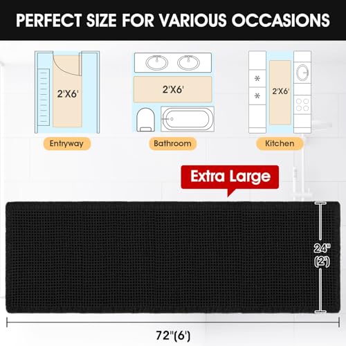 Accumtek Extra Large Waffle Bath Mat, 6'x2' Black, Super Absorbent Non-Slip Quick Dry Bathroom Rugs with Tassels, Machine Washable Ultra Soft Boho Bath Rugs for Floor, Toilet Mats Boho Farmhouse Decor - color: Black, size: 2' x 6' (Runner)