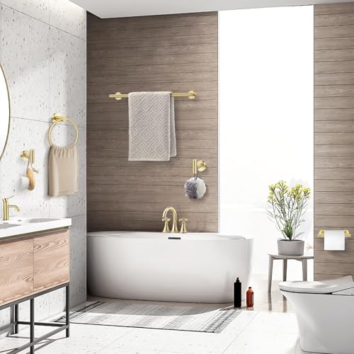TQKAG Brushed Gold 5 Piece Bathroom Hardware Accessories Set 23.6" SUS304 Stainless Steel Bathroom Towel Bar Holder Sets Double Post Pivoting Toilet Paper Holder Set Wall Mounted - color: Brushed Gold, size: 5-Pieces Set-B