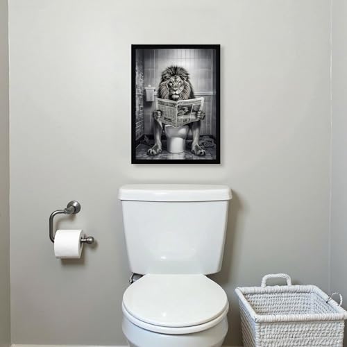 URMOYA Black and White Funny Majesty Lion Bathroom Wall Art, Animal Picture Bathroom Canvas Wall Decor, Majesty Lion on Toilet Reading Newspaper Modern Humor Painting Art Prints 12x16 Inch Wood Framed - color: Lion, size: 16"L x 12"W