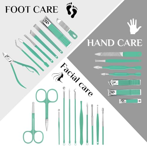 MINKINH Travel Manicure Set 26-Piece, Portable Nail Clippers Kit with PU Case, Carbon Steel Clippers, 410 Stainless Steel Grooming Tools, Hand Foot Facial Care for Luggage Backpack（Green） - color: Green