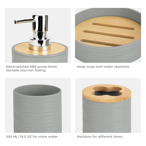 4 PCS Grey Bathroom Accessories Set, Includes a Soap Dispenser, Toothbrush Holder, Soap Dish and Mouthwash Cup, Plastics & Bamboo Bathroom Set, Bohemian Style Bathroom Sink Set - color: Grey, size: 4 PCS