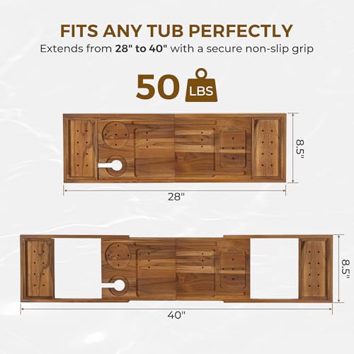 Venusmiles Teak Bathtub Tray Caddy, Foldable Bath Tray with Expandable Handles, Wine Glass and Phone Holders, Book Stand, for Home Spa Relaxation, Luxury Bathroom Accessories - Light Walnut Color - color: Light Walnut