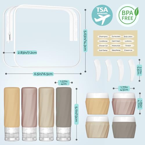 14pack Travel Bottles for Toiletries, TSA Approved Travel Size Toiletries Containers Set, Premium Silicone Leak Proof Refillable Squeezable & Creams jars Accessories Kit W/Clear Bag (Apricot) - color: Apricot