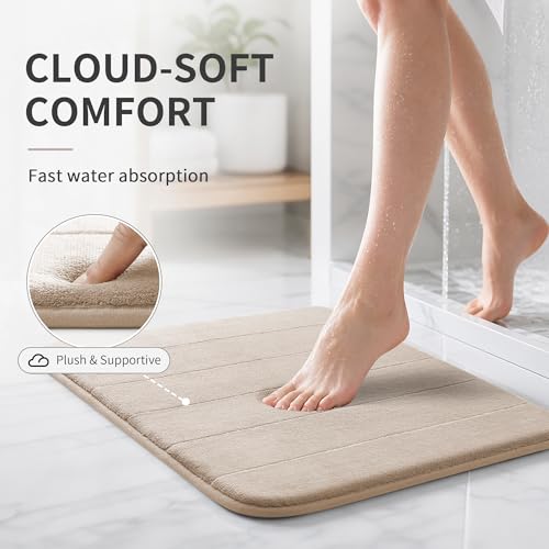 Yimobra Memory Foam Bath Mat, Soft Absorbent Bathroom Rug, 24x17, Beige | Non Slip Backing, Quick Dry, Machine Washable Bath Rug for Tub & Shower Areas, Durable Design That Complements Bathroom Decor - color: Beige, size: 24" X 17"