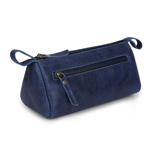 Leather Makeup Bag for Women – Genuine Leather Cosmetic Bag Travel, Handmade Zippered Makeup Pouch, Small Toiletry Bag, Shaving Kit & Stationery Organizer- Blue - color: Blue