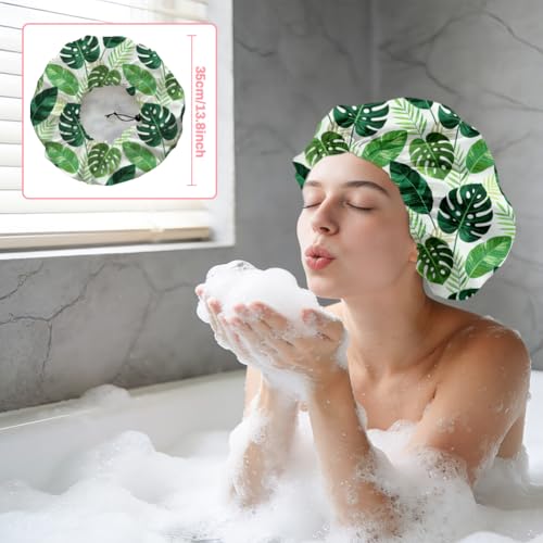 Tropical Leaves Reusable Shower Cap Green Monstera Double Layer Waterproof Shower Caps Large Elastic Hair Cover Adjustable Hair - Drying Caps for Woman Man Bath SPA Travel One Size Fits Most - color: Tropical Leaves