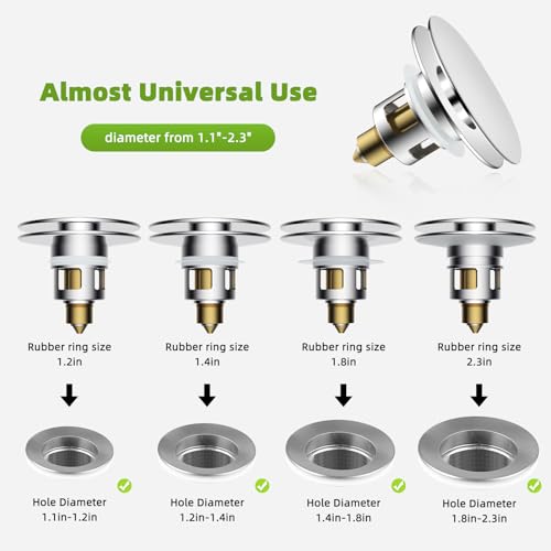 Universal Bathroom Sink Drain Stopper Strainer, Big Cover, Chrome | 2 in 1 Pop Up Sink Stopper for 1.1''~2.36'' Sink Basin Hole, Hair Catcher with Removable Stainless Steel Filter Basket - color: Chrome