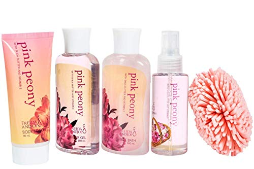 Pink Peony Bathroom Bath Set for Women, Complete Skincare Products in a Natural Wood Plant Box, Body Lotion, Shower Gel, Bubble Bath, Body Spray, Puff Gift – Mother's Day Gift for Mom