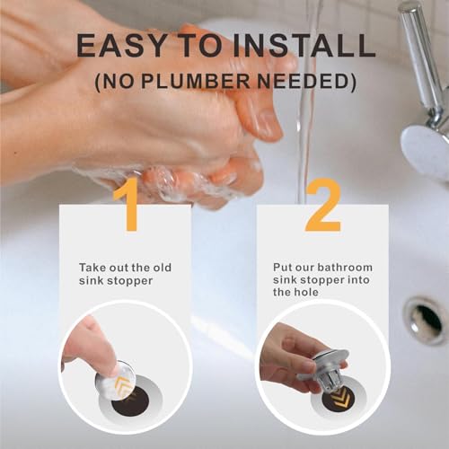 WELLUP Chrome Bathroom Sink Drain Stopper 2 Pack,Pop Up Sink Drain Stopper | Universal Sink Stopper Replacement,Pop Up Bathroom Sink Drain with Hair Catcher,Fits 1 1/8"-1 1/2",Anti-Clogging Design - color: Chrome Plated-2