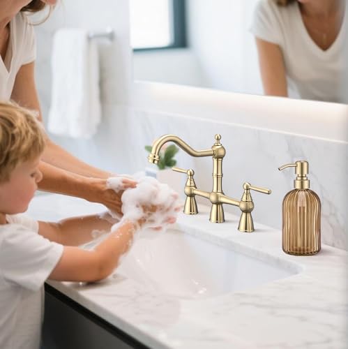 16 OZ Amber Glass Soap Dispenser, Amber Stripe Bathroom Hand Soap Dispensers with Stainless Steel Brushed Gold Pump,Brown Glass Kitchen Hand Soap Dispenser with Brushed Gold Pump - color: Brushed Gold + Amber, size: 1-Pack