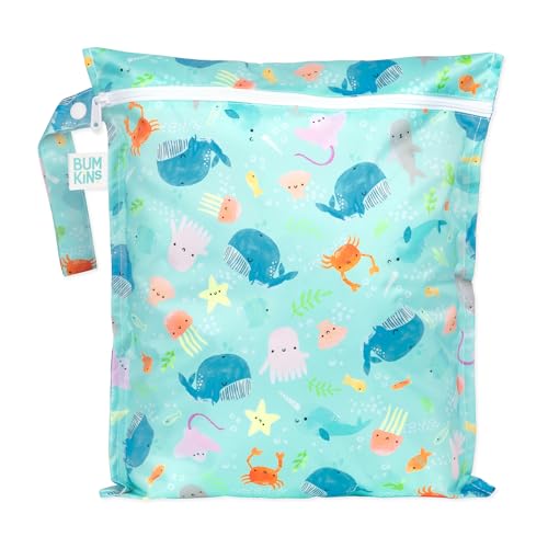 Bumkins Waterproof Wet Bag for Baby, Travel, Swim Suit, Cloth Diapers, Pump Parts, Pool, Beach, Gym Clothes, Toiletry, Hook to Stroller, Daycare, Zipper Reusable Wetdry Packing Pouch, Ocean Life Blue - color: H5 Ocean Life, style: Wet Bag