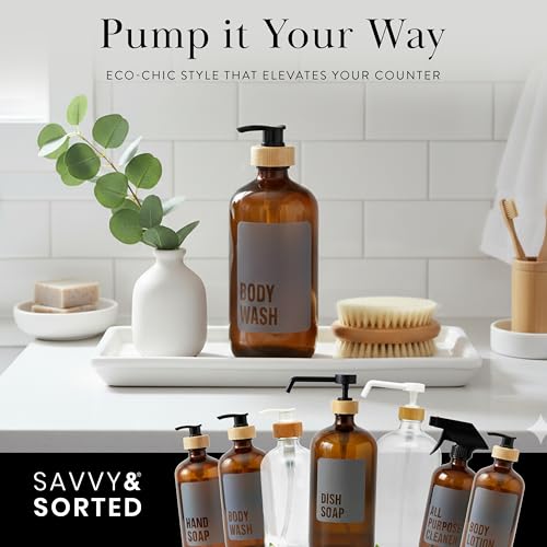SAVVY & SORTED Amber Glass Soap Dispenser with Pump, Body Wash Soap Dispenser, Refillable Hand Soap Bottle for Bathroom, Matching Body Lotion Bottle Available, 17 Fl Oz / 500 ml - color: Amber - Body Wash 500 Ml