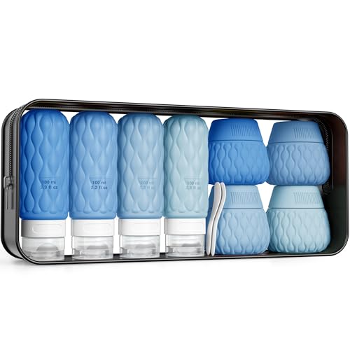 Silicone Travel Bottles for Toiletries 8 Pack Travel Size Toiletries 3.4 oz 1.7 oz, Leakproof Squeeze Travel Size Containers Refillable Cosmetic Jars Set for Shampoo, Conditioner, Creams - color: Ocean Wave-3.4oz/1.7oz