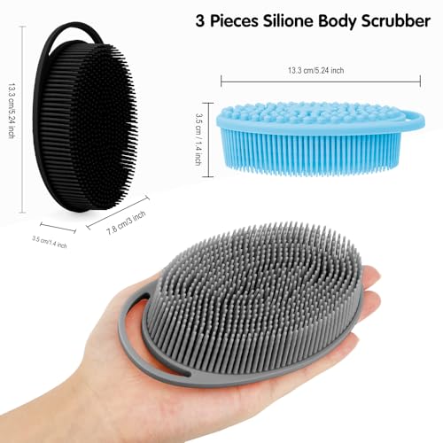 3 Pack Silicone Body Scrubber, Soft Silicone Loofah Silicone Body Brush Exfoliating Body Scrubber, Bath Shower Scrubber for Body, 2 in 1 Bath and Shampoo Wash Brush for Skin Exfoliation Men Women - size: With Handle Black+Blue+Gray
