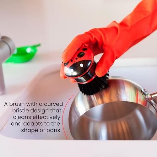 Vigar Ladybug Dish Scrub Brush with Holder, Kitchen Scrub Brush for Dishes, Dish Scrubber, Sink Brush, Dishwashing Brush and Vegetable Scrubber for Household Cleaning - Ladybug - color: Green