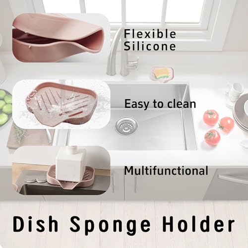 4.9” x 3.9” Silicone Soap Dish with Self-Draining Spout, Multi-Purpose Kitchen Bathroom Sink Organizer Tray for Bar Soap, Sponge, Dispenser Bottle Counter Storage, Pink - color: Pink, size: 4.9” x 3.9”