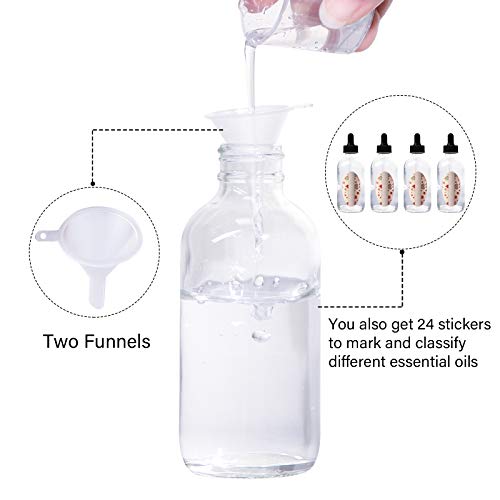 12 Pack 4oz Clear Glass Bottles with Glass Eye Droppers for Essential Oils, Perfumes & Lab Chemicals (1 Brush, 2 Funnels, 2 Extra Droppers, 24 Pieces Labels & 30ml Measuring Cup Included) - color: Clear