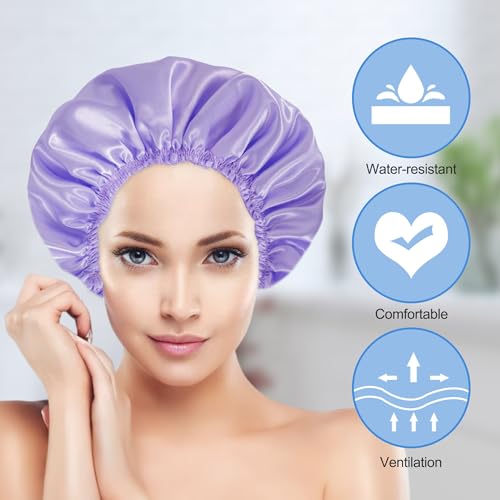 Shower Cap for Women Set of 4, Bath Caps, Double Layers Hair Caps + 2 Satin Hair Scrunchies, Reusable Waterproof Shower Caps, Elastic Hair Cap for Shower - Pattern C - color: Pattern C