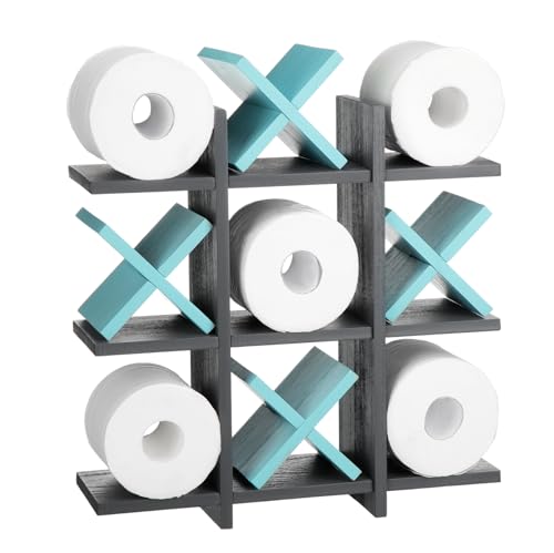 Weysat Tic Tac Toe Toilet Paper Holder Stand Bathroom Wall Decor Rustic Wooden Hanging Storage Freestanding Wall Mounted Shelves Decor for Toilet Tissue Farmhouse - color: Gray, Light Blue