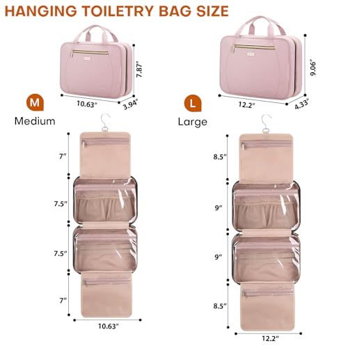 Hanging Toiletry Bag for Women Travel, 2 Sizes Large & Small Waterproof Cosmetic Organizer with 4 Compartments, Rotating Hook, Foldable Pink Travel Bag for Toiletries & Makeup - Large Pink - color: Pink, size: Large
