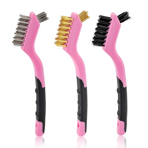 MAXMAN Wire Brush Set 6Pcs Small Wire Brushes Set, Stainless Steel/Brass/Nylon Bristles, Household Deep & Gentle Cleaning Brush, Scratch Brushes for Dirt, Paint Scrubbing, Rust Remover, Pink. - style: 6 PCS Brass/Stainless Steel/Nylon Bristles Pink