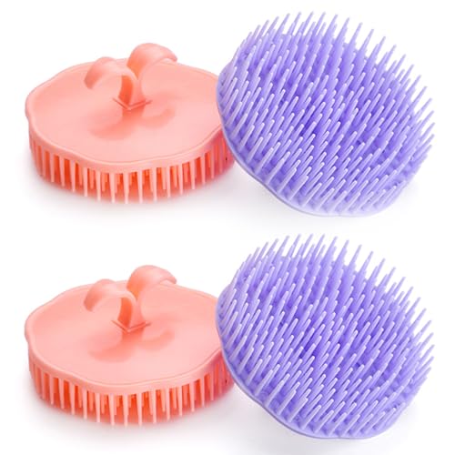 Aroveea Hair Scalp Brush Dandruff Cleaning Brush Shower Scalp Shampoo Brush Scalp Massager Pack of 4 (Orange and Violet) - color: Orange and Purple